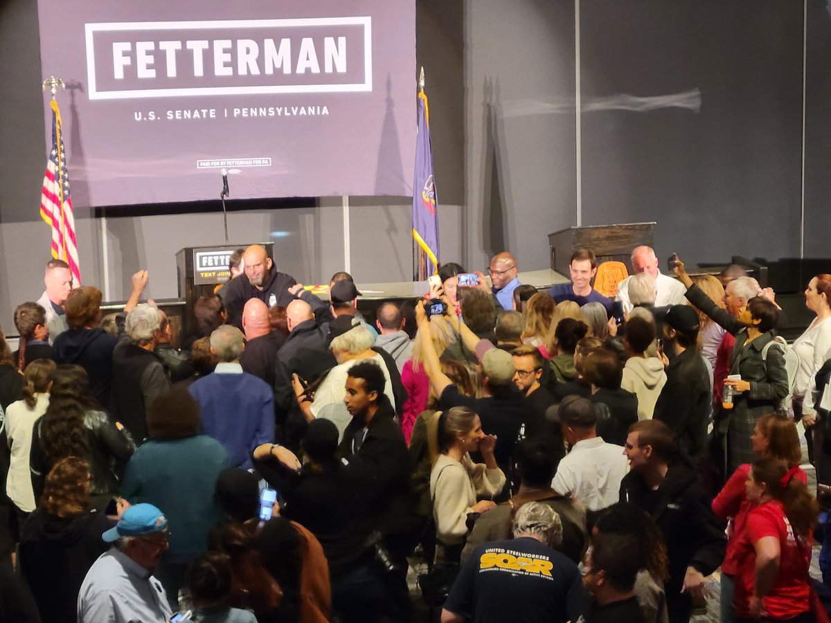 ChrisForPA's tweet photo. Proud to join @JohnFetterman and @giselefetterman to rally a massive crowd to get out the vote tomorrow. We're ready to win here in #PA17 and across the Commonwealth, and John and I are ready to serve. Big thanks to @EASCarpenters for hosting us tonight! https://t.co/Jbk2VdNuDI