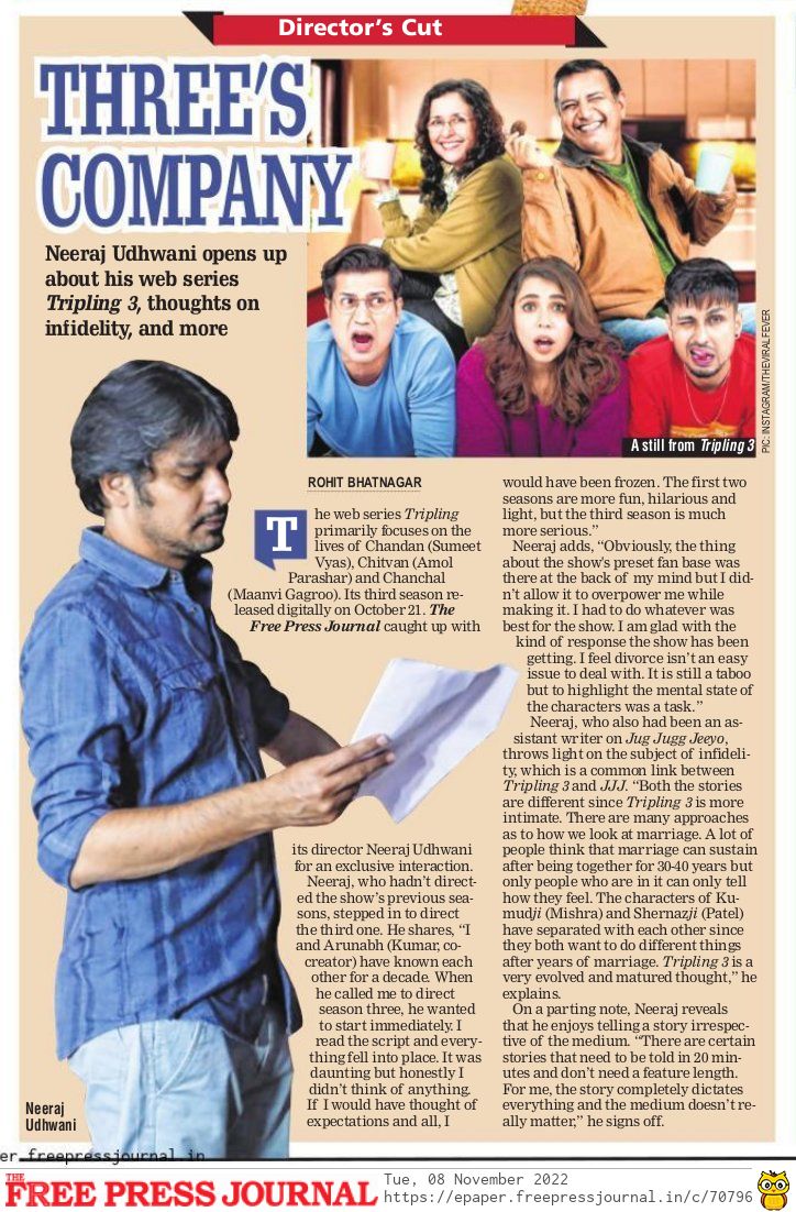 fpjindia's tweet photo. Director's Cut: #Tripling3 fame @Neeraj_Udhwani says, 'I feel divorce isn’t an easy issue to deal with'
@TheViralFever @vyas_sumeet @maanvigagroo @amolparashar @ZEE5India #KumudMishra #ShernazPatel #KunalRoyKapur
By @justscorpion
https://t.co/0eHFu4oQl2 https://t.co/33XYHseBO5