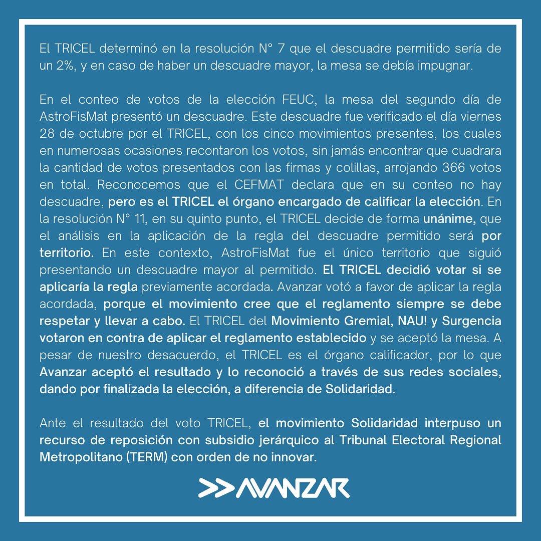 AvanzarU's tweet photo. [DECLARACIÓN PÚBLICA] 
Les dejamos la declaración oficial respecto a los hechos controvertidos los últimos días respecto a las Elecciones FEUC. https://t.co/xr8pKDxQbL