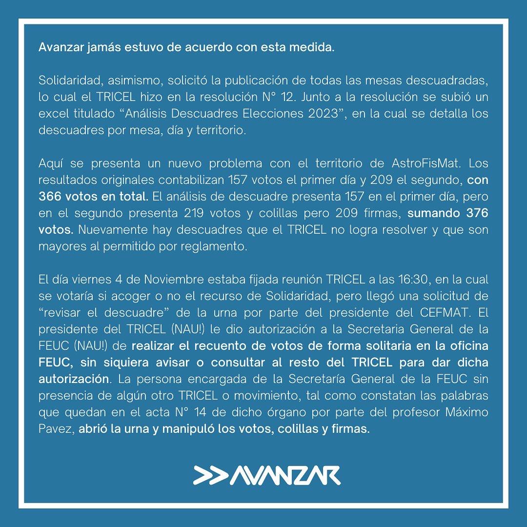 AvanzarU's tweet photo. [DECLARACIÓN PÚBLICA] 
Les dejamos la declaración oficial respecto a los hechos controvertidos los últimos días respecto a las Elecciones FEUC. https://t.co/xr8pKDxQbL