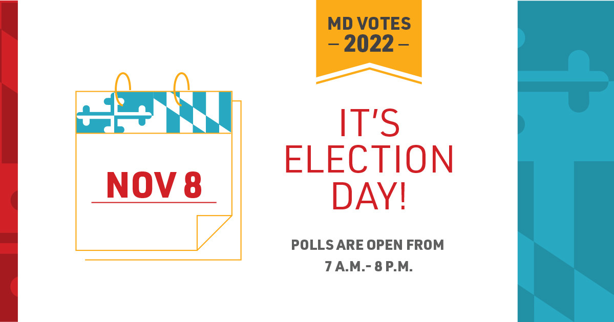 md_sbe's tweet photo. It's ELECTION DAY! Polls are open 7a-8p TODAY, Tues, 11/8. See where to vote, your ballot, the status of your mail-in or provisional ballot: https://t.co/sCrocMp41I Bring proof of address with you to register &amp; vote! Postmark your mail-in ballot or return it by 8p TODAY! #MDvotes https://t.co/24SzhaivqM