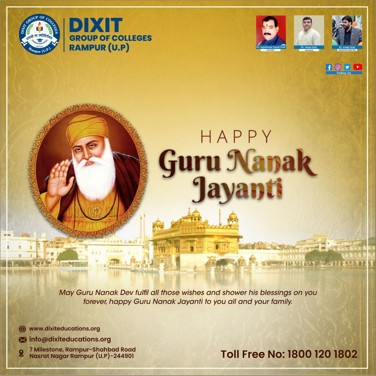 dixit_group's tweet photo. May Nanak Ji be your guide! May he always bestow his blessings on you. We wish you a Happy Guru Nanak Jayanti 2022!

#gurunanakdevji #gurunanakjayanti #wehaguruji
 #HigherEducation #Education #dixit #group #Rampur #UttarPradesh https://t.co/9cl7PNIzyP