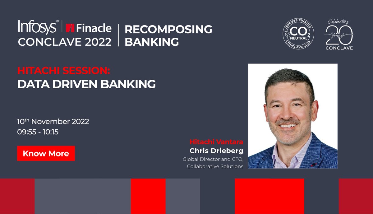 Finacle's tweet photo. At #FinacleConclave2022 , Chris Drieberg will talk about how partnering with @HitachiVantara will help banks create an IT ecosystem that functions as the backbone of business and revenue growth
https://t.co/joPQ1XhUdQ
#FinacleConclave https://t.co/AzQ9QQwrUz