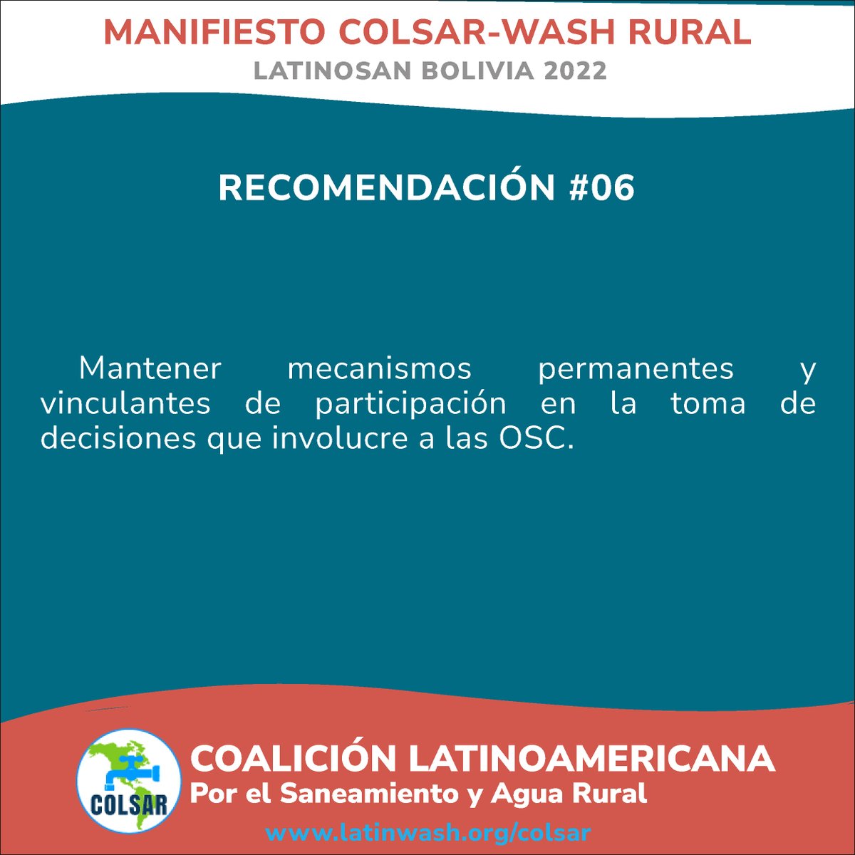 LatinWASH's tweet photo. #LATINOSAN Bolivia 2022 | MANIFIESTO COLSAR: Recomendaciones de COLSAR para lograr el acceso universal de agua y saneamiento en las áreas rurales de Latinoamérica.
RECOMENDACIÓN 06:👇
Leer manifiesto: https://t.co/58yTMLcj6H
#latinwash #washrural #aguaysaneamientorural #colsar https://t.co/vb01RfkVl3