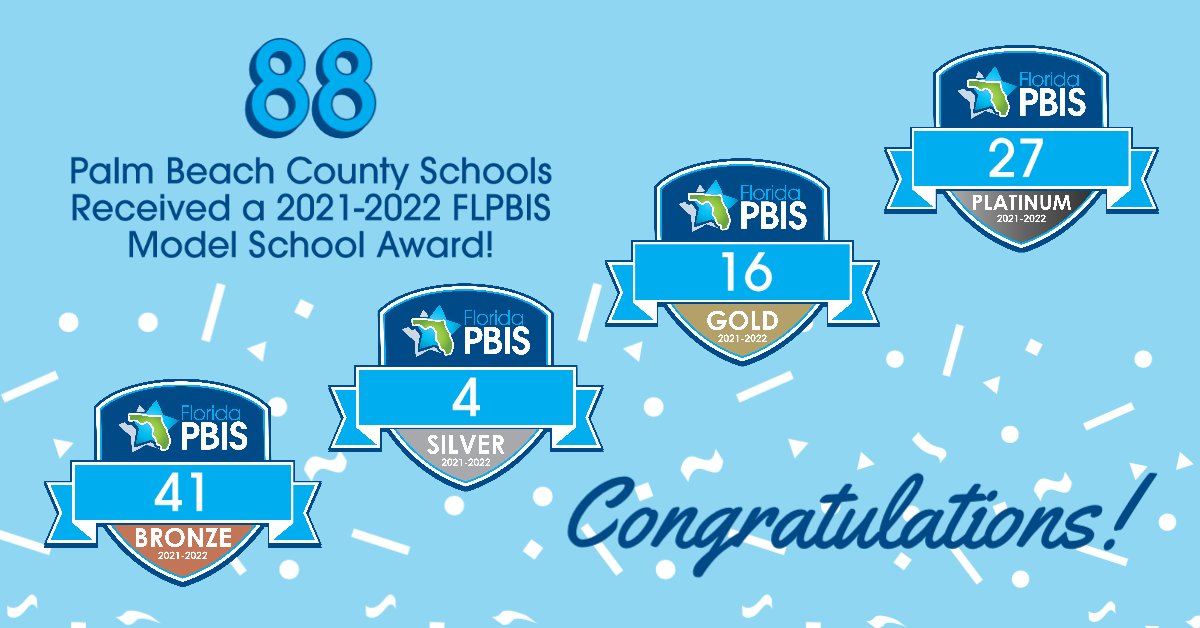 Congratulations to <a href="/pbcsd/">The School District of Palm Beach County</a> for supporting 88 schools to become FLPBIS Model Schools in 2021-2022!
<a href="/Banyancreek1/">@Banyancreek</a> 
<a href="/BartonChargers/">Barton Elementary</a> 
<a href="/BelvedereBees/">Belvedere Elementary</a> 
<a href="/BerkieBulldogs/">Berkshire Elementary</a> 
<a href="/BinksForestES/">Binks Forest ES</a> 
<a href="/bocaratonhs/">Boca Raton HS</a> 
<a href="/BocaRatonMiddle/">Boca Raton Middle</a> 
<a href="/BroncosPBCHS/">Broncos_PBCHS</a> 
<a href="/CMMSPrincipal/">Christa McAuliffe MS</a> 
<a href="/ConnistonMiddle/">Conniston Middle</a> 
<a href="/CoralReefSDPBC/">Coral Reef SDPBC</a>