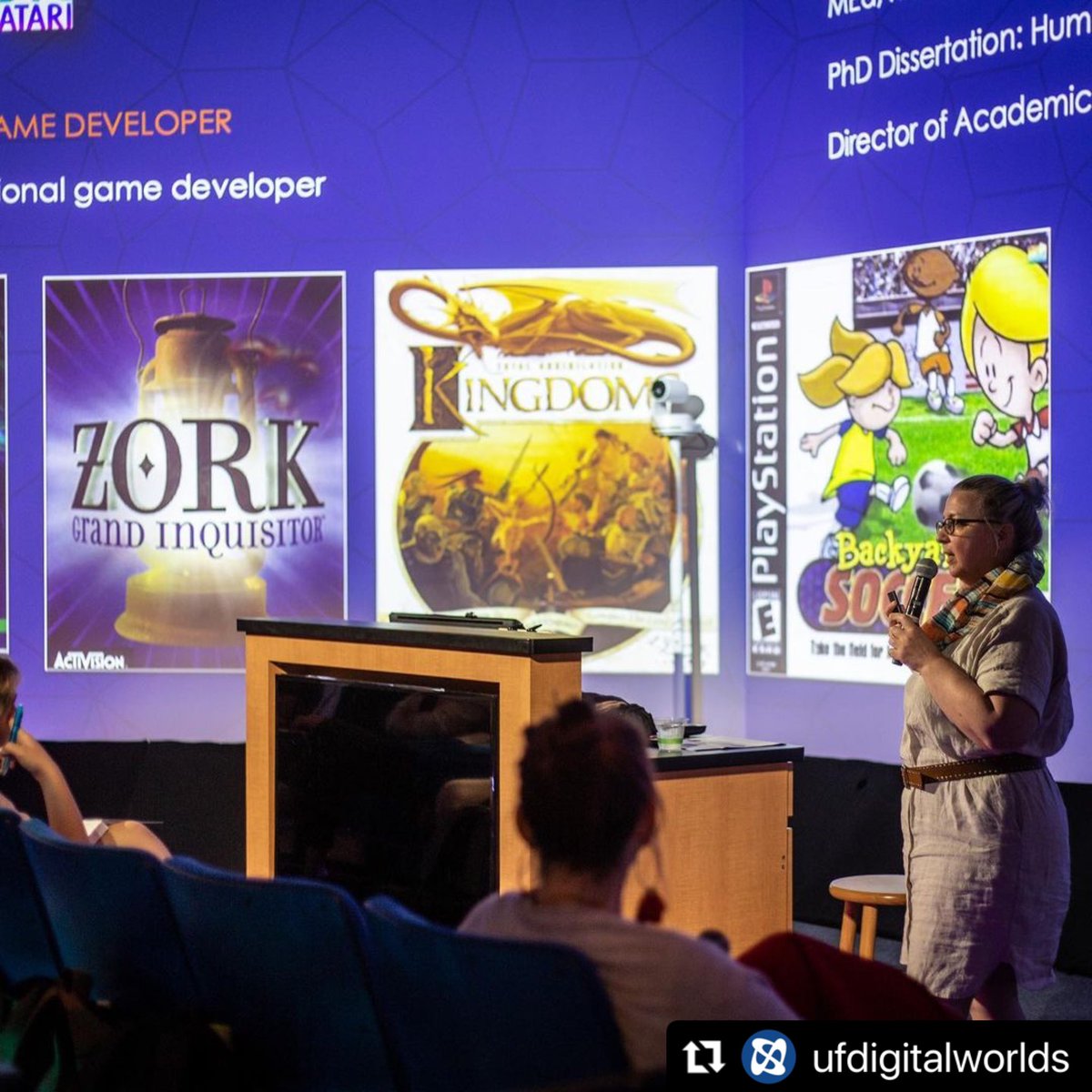 smuguildhall's tweet photo. Elizabeth Stringer, our Director of Academics, spoke last week at @ufdigitalworlds to share her decades-long veteran knowledge about the video games industry and to give advice to students looking to pursue a career in games. 🎮 Thank you @ufdigitalworlds for hosting us! #gamedev https://t.co/JJJaZoZZgB