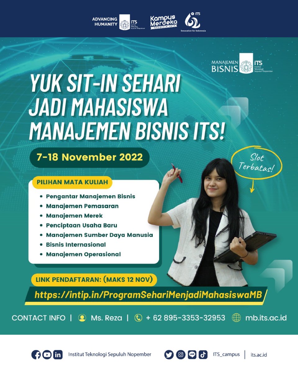its_campus's tweet photo. ⚠️ pendaftaran 4-12 November 2022.
Link: https://t.co/MpZiZv2YeM
Informasi lebih lanjut dalam poster atau kamu bisa kontak cp yang tertera ya!
Share dan save info ini ya 0895 3353 32953
#SitInMB #ManajemenBisnis #MBITS #ITSCampus #ITSSurabaya https://t.co/NfxoYROXAF