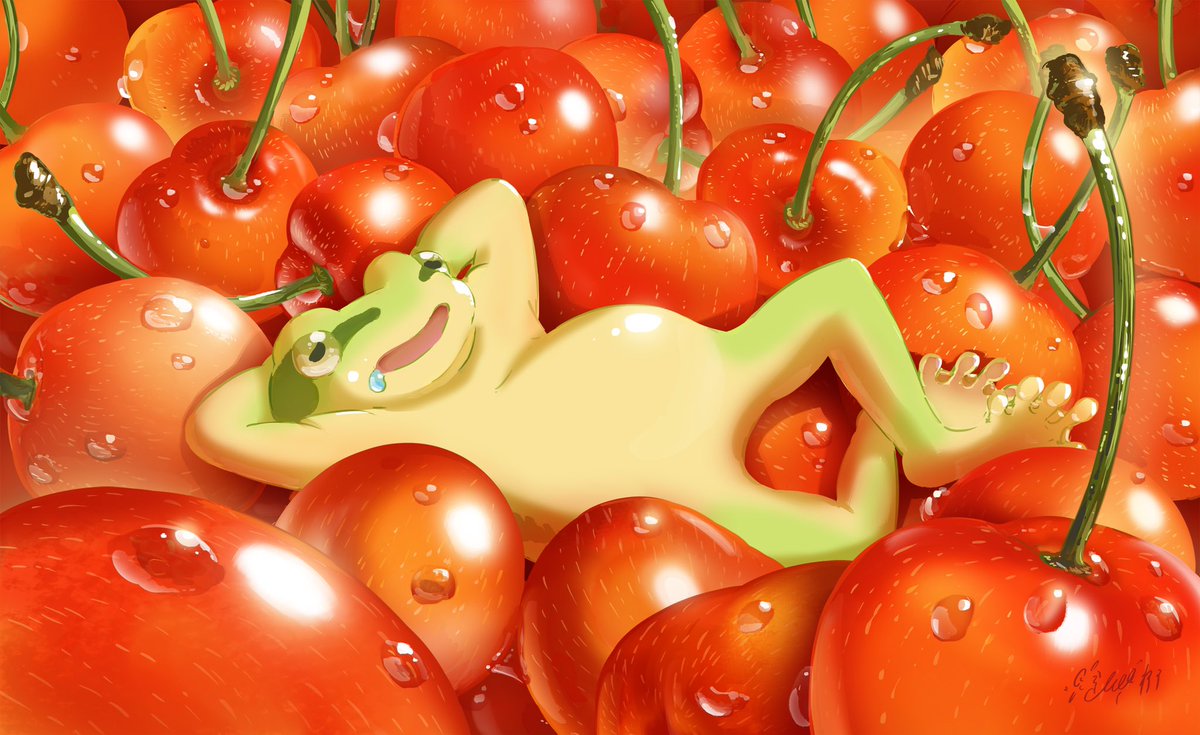no humans food fruit lying frog on back tomato  illustration images