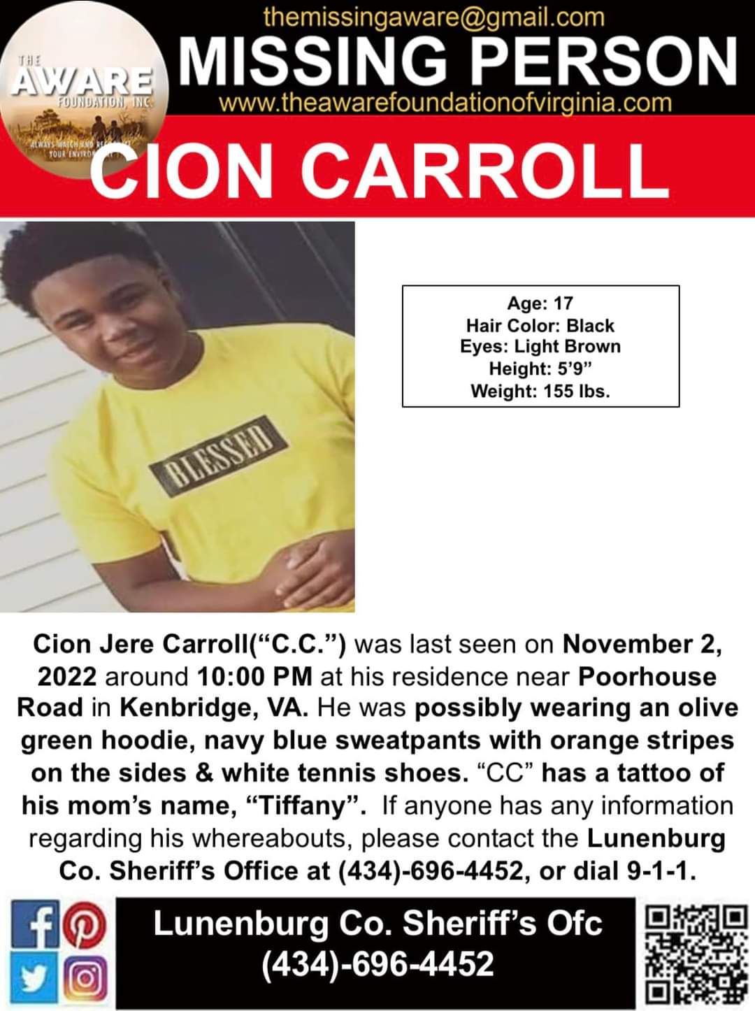 The AWARE Foundation on Twitter "***MISSING*** KENBRIDGE, VA The