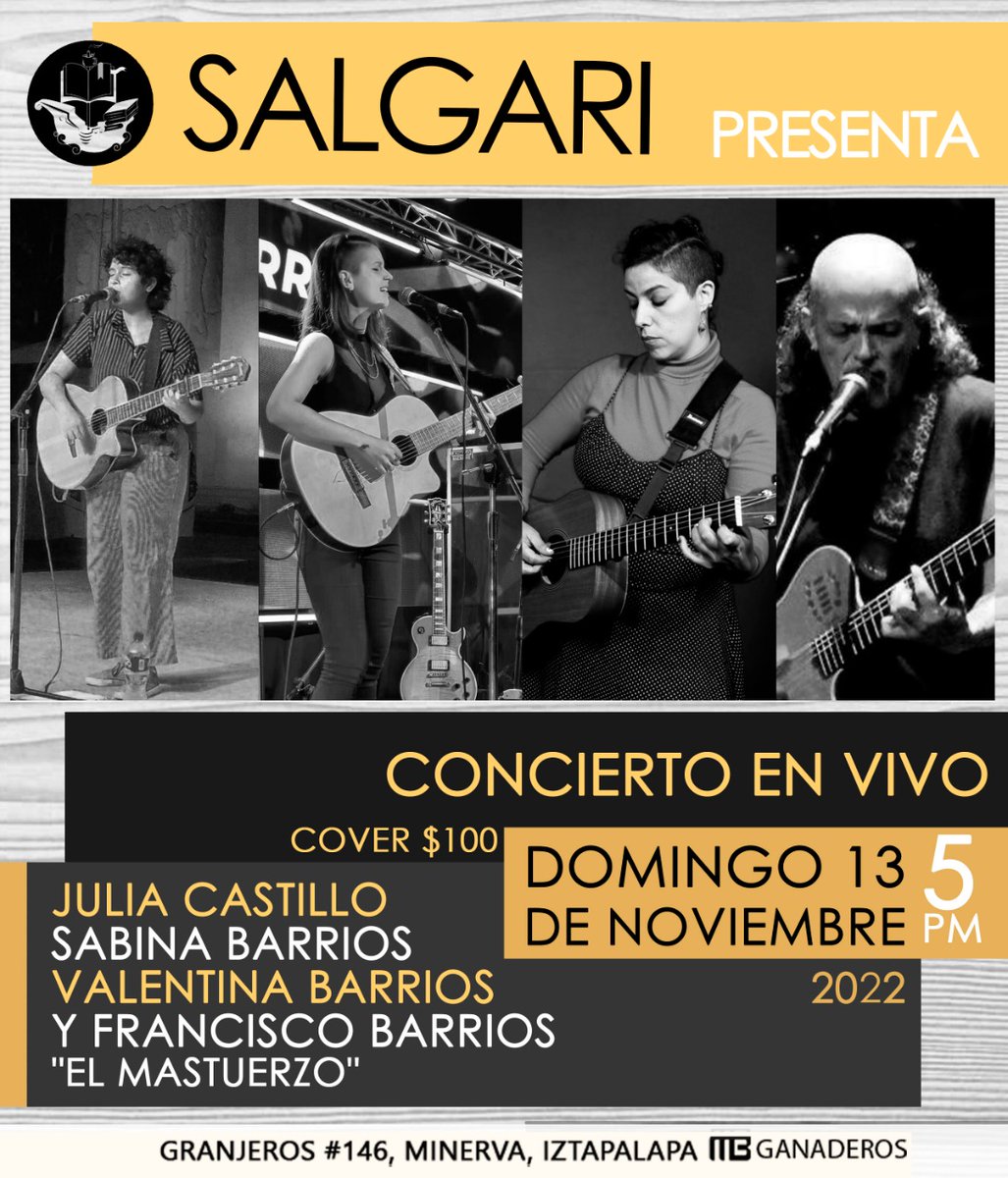 Tarde de domingo con un concierto muy especial para Salgari. Nos visita nuestra querida Sabina Barrios desde Neuken Argentina, y por primera vez en Salgari <a href="/Mastuerzo2011/">FRANCISCO BARRIOS</a> Francisco Barrios El Mastuerzo junto a las dos artistas de casa <a href="/valebarriosmx/">Valentina Barrios</a>  <a href="/juliacastillocb/">Julia Castillo (¿?)</a>
