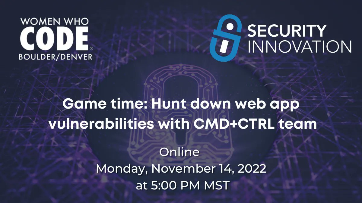 Join us Mon, Nov 14, 2022 starting at 5:00 PM MST for Game time: Hunt down #webapp #vulnerabilities with <a href="/SecInnovation/">Security Innovation</a> CMD+CTRL team! If you're interested in furthering your #cybersecurity acumen, learn #hacker tactics, with a chance to earn prizes RSVP: buff.ly/3hqLbYV
