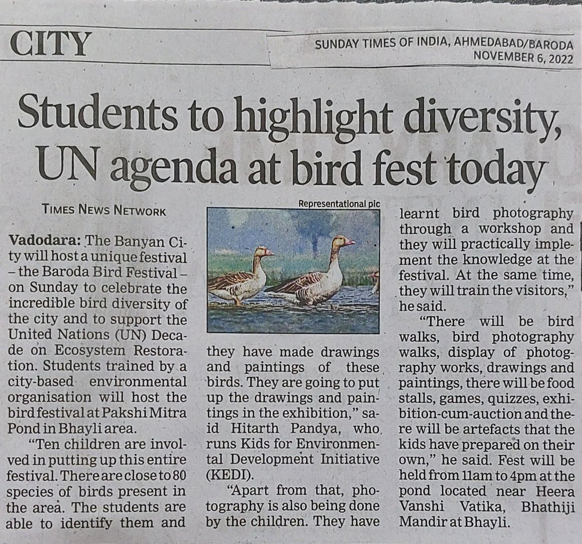 It was a thought that has translated into action. A grand success  for the first edition of the Baroda Bird Festival We must connect local communities especially children to truly support the <a href="/UNEP/">UN Environment Programme</a> and Decade on Ecosystem Restoration. <a href="/UN/">United Nations</a> <a href="/moefcc/">MoEF&CC</a> <a href="/GujForestDept/">GujaratForestDept</a> <a href="/PMOIndia/">PMO India</a> <a href="/toi/">The Times of India</a>