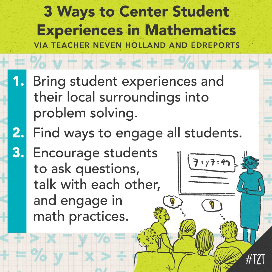 teacher2teacher's tweet image. "When math materials reflect the lived experiences of students, they are able to make sense of the content and become more confident about what they are learning."

3 ways to make that happen, via T Neven Holland:

edreports.org/resources/arti…