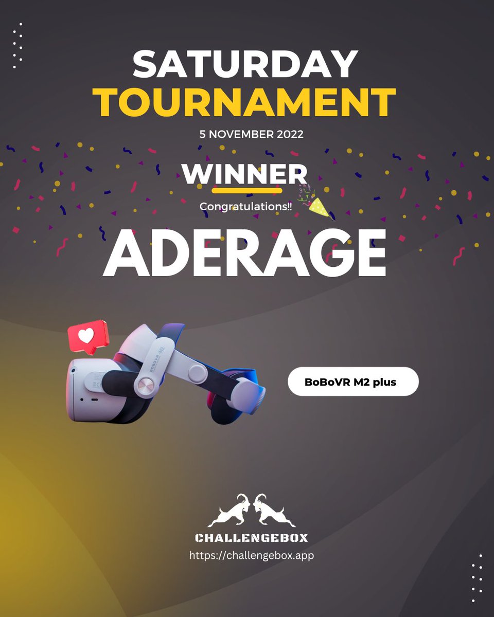 ChallengeBoxVR's tweet photo. SATURDAY TOURNAMENT (5 November 2022) WINNER
Take part in our weekend fitness challenges and you could be the next lucky winner to win a #BoBoVR M2 Plus.
#winner #vr #virtualreality #sidequest #quest2 # #vrfit #vrsports #boxvr #vrgaming #AppLab #metaquest #oculus #vrsports https://t.co/086rzmrvh4