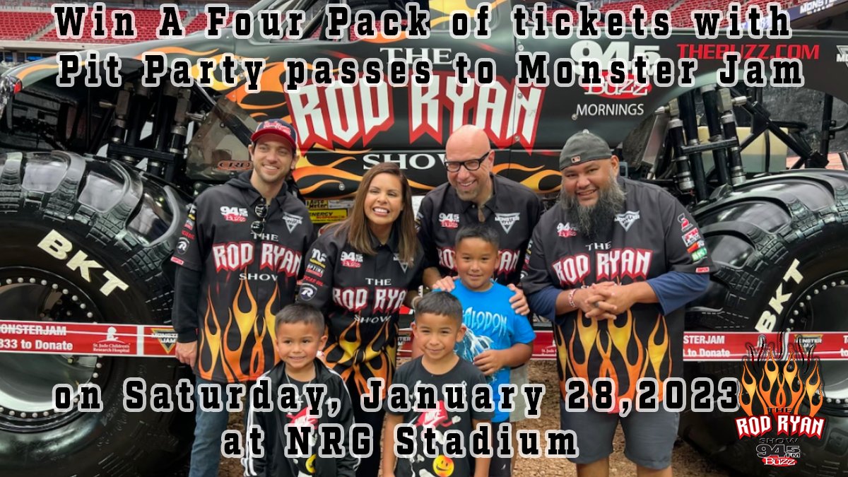 rodryanshow's tweet photo. Win another  4 pack of @MonsterJam tickets with pit passes with @rodryanshow and @945thebuzz. For your chance to win make sure you retweet this tweet using @Tess1Tess2. Winner selection happens at 9:40 am. https://t.co/uYeUy7Ej8M