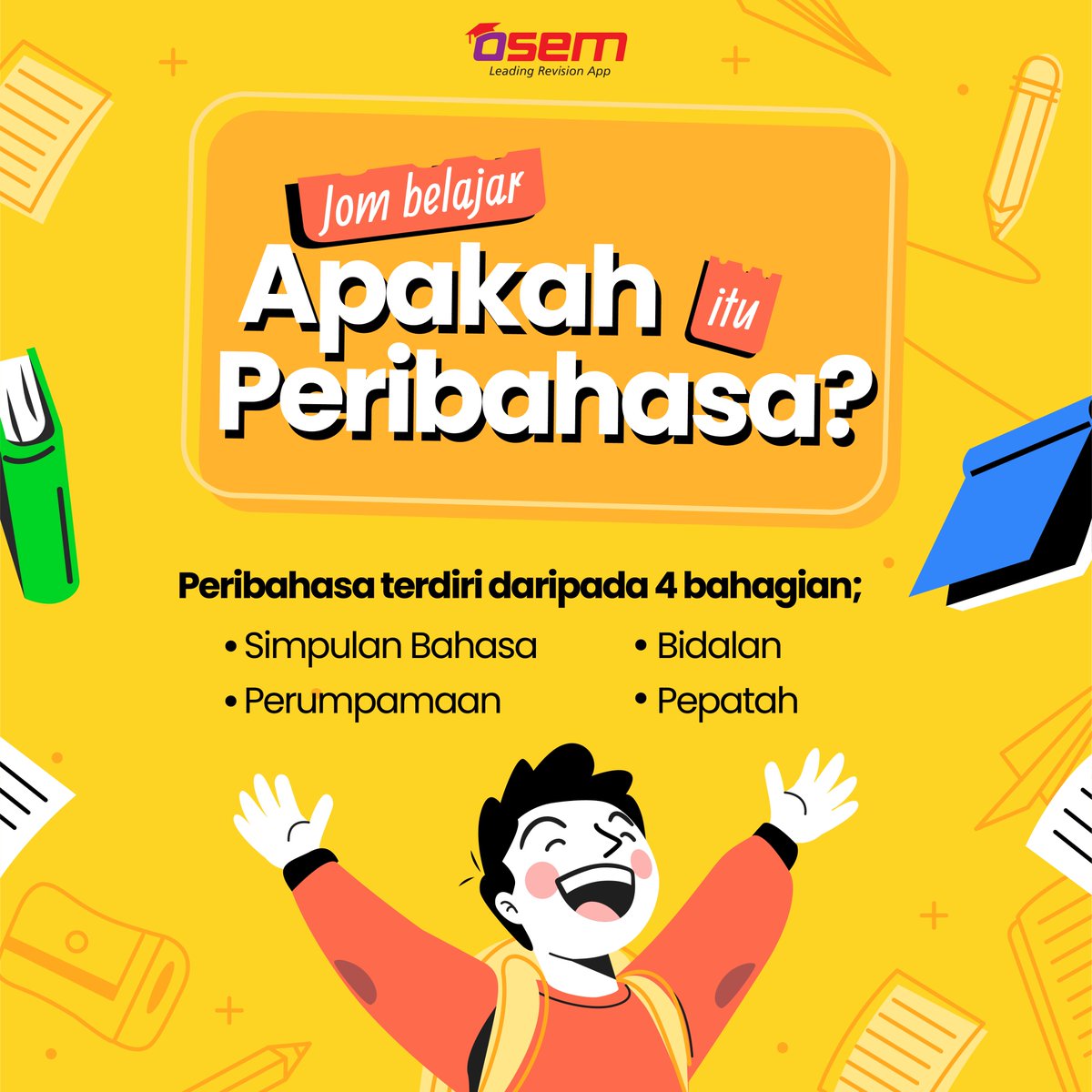 osem_app's tweet image. Belajar maksud peribahasa bersama Osem. 

“Peribahasa ialah susunan kata yang pendek dengan makna yang luas, mengandungi kebenaran, sedap didengar dan bijak perkataannya.” ~ Za’ba.

“Osem kongsi, pelajar faham”

#osem #education #highereducation #osemrevisionapp  #bahasamelayu