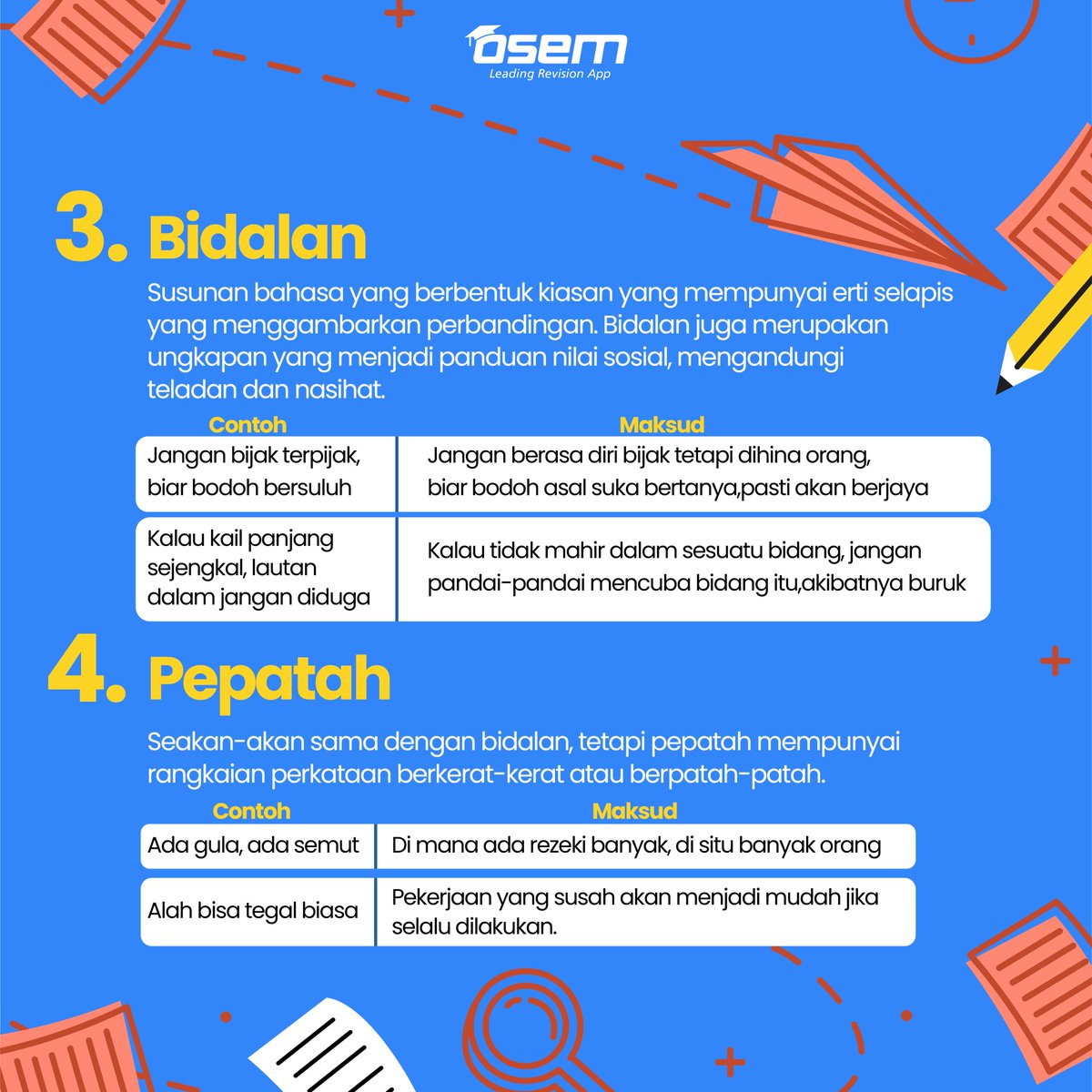 osem_app's tweet image. Belajar maksud peribahasa bersama Osem. 

“Peribahasa ialah susunan kata yang pendek dengan makna yang luas, mengandungi kebenaran, sedap didengar dan bijak perkataannya.” ~ Za’ba.

“Osem kongsi, pelajar faham”

#osem #education #highereducation #osemrevisionapp  #bahasamelayu