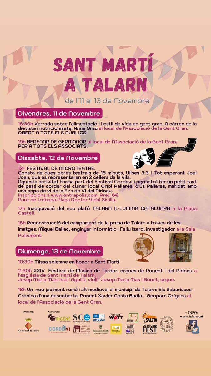 AjTalarn's tweet photo. 11, 12 i 13 Sant Martí a Talarn.
Nutrició, Festival de Microteatre, Concert d'orgue, xerrades i molt més....
@GeoparcOrigens @lomicrofest @AjTremp @Micropobles https://t.co/zX9AwxMzki