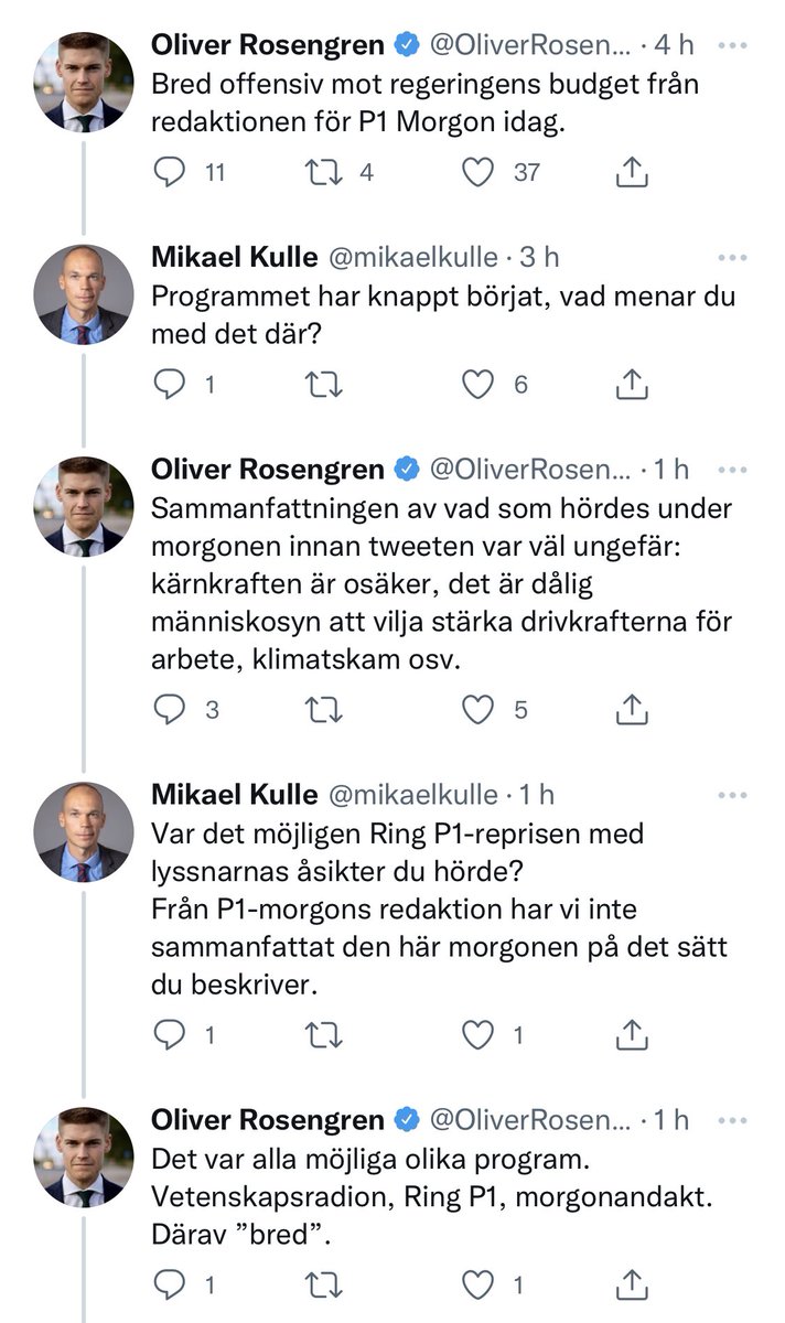 riksdagsledamoten <a href="/OliverRosengren/">Oliver Rosengren</a> tycks t.ex försöka lansera den något åbåkiga konspirationsteorien att P1 Morgons redaktion samordnat både de andliga funderingarna i Morgonandakten och inringarna i gårdagens Ring P1, vars repris han hört, i morgonens radiotablå.