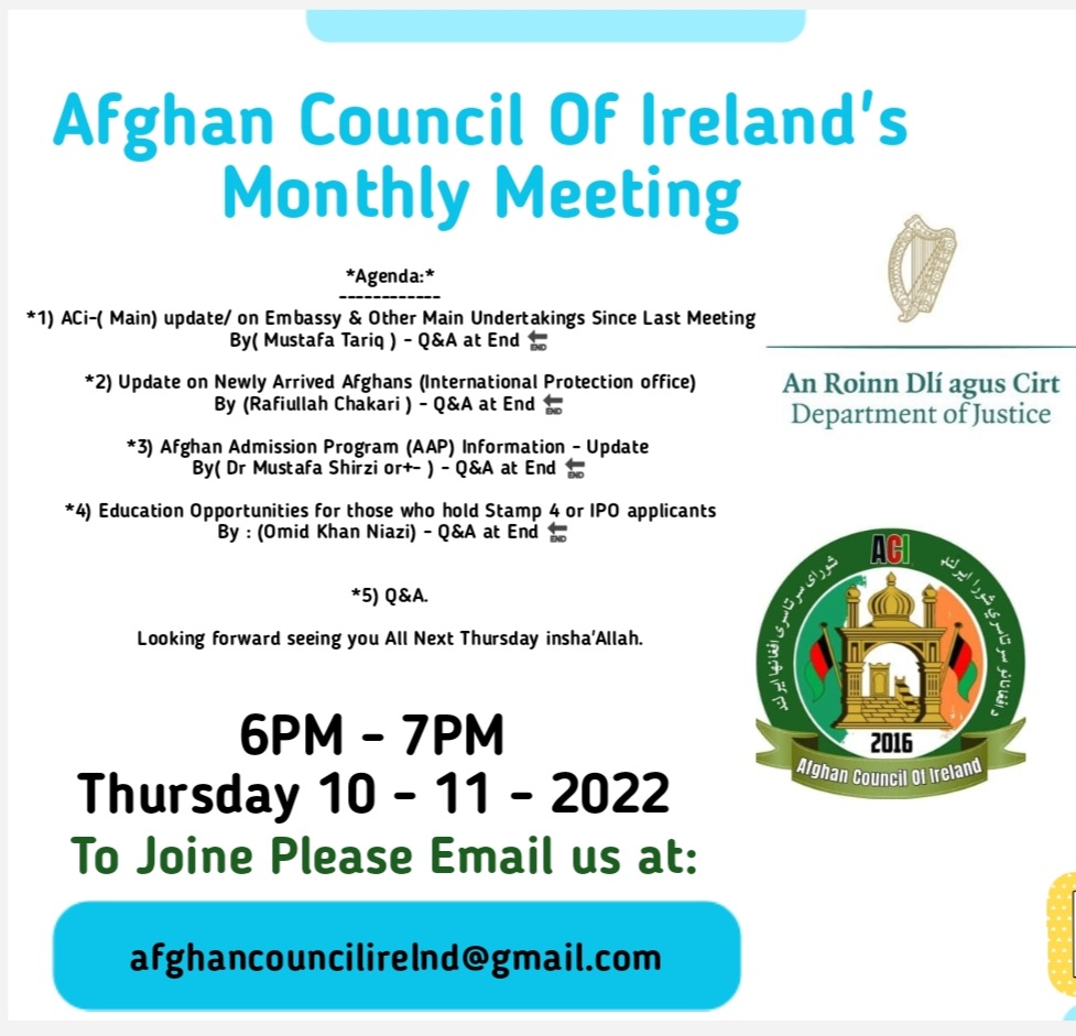 AfghanIrish's tweet photo. Our next Monthly Meeting will be next Thursday the 10-11-2022 . There will be Four Agenda Points including the most important and awaited AAP following by Comprehensive Q&amp;A Section, if you would like to attend this importnt meeting email us at: 
afghancouncilireland@gmail.com https://t.co/KGw4uf78uP