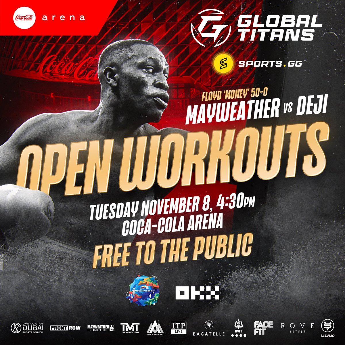 LiamOP's tweet photo. Open Workouts today 4.30pm Dubai local time. Free to the public. Come down if you’re in the area #MayweatherDeji https://t.co/IeyraFjVcc