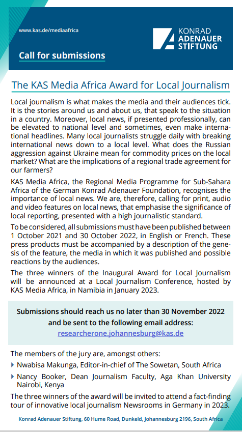 ❗️📢Call for #submissions 🔉❗️
Our <a href="/KasMedia/">KAS Media Africa</a> Africa programme is looking for submissions for the Inaugural Local #Journalism Award. The prize:  A fact-finding trip to 🇩🇪 and selected newsrooms there📸. Find out more 👇 <a href="/KASonline/">Adenauer-Stiftung</a>  <a href="/KAS_SouthAfrica/">KAS South Africa</a> <a href="/KasUganda/">KAS Uganda & S.Sudan</a> <a href="/kasethiopia_au/">KAS Office Ethiopia/African Union</a>