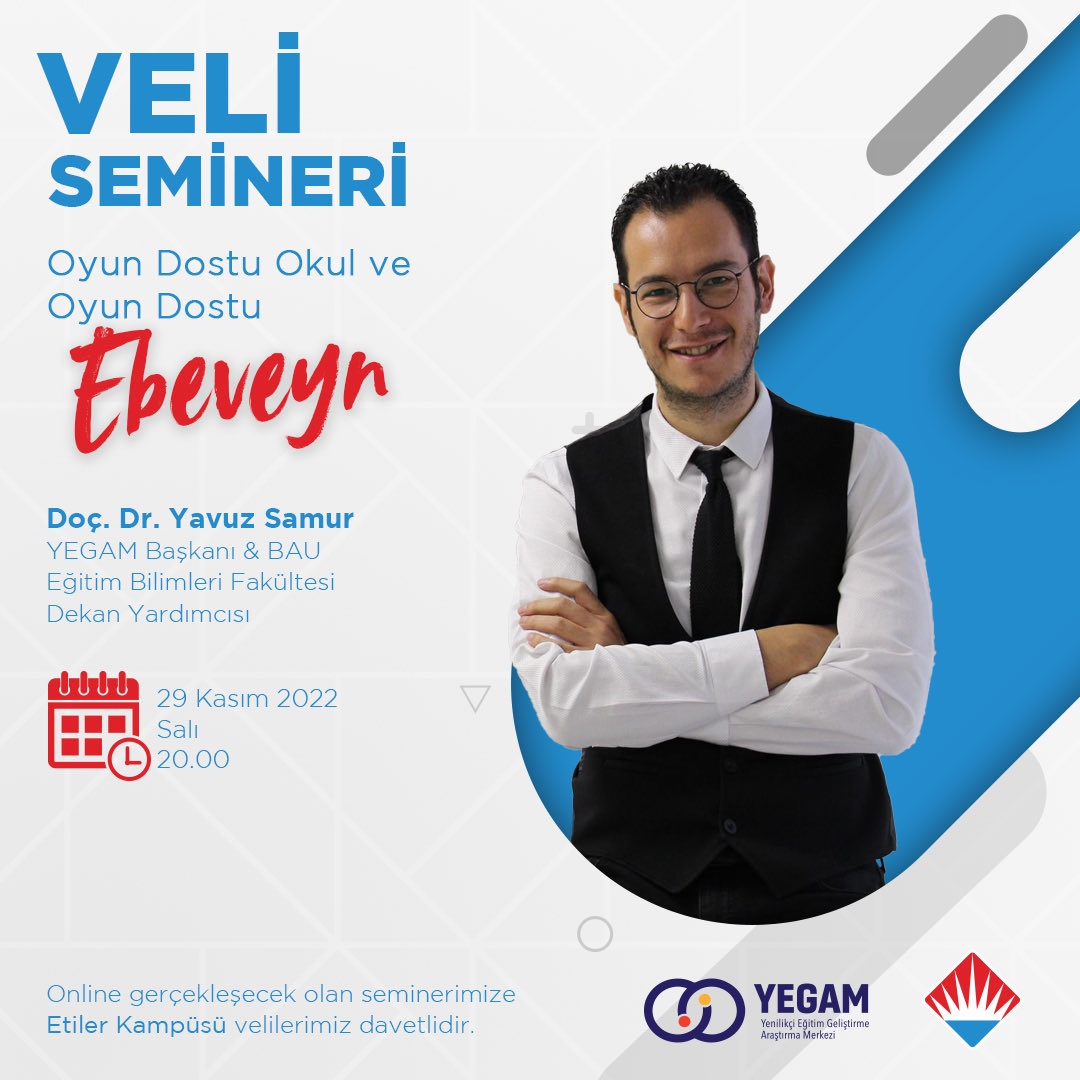 bk_etiler's tweet photo. BAU Eğitim Bilimleri Fakültesi Dekan Yardımcısı &amp; YEGAM Başkanı Doç. Dr. Yavuz Samur,“Oyun Dostu Okul ve Oyun Dostu Ebevyn” konulu online seminerde velilerimizle buluşuyor.

🗓29 Kasım Salı
⏰20:00 

#bahçeşehirkoleji
#yegam 
⁦@YavuzSamur⁩ https://t.co/5jc0sSWMCY