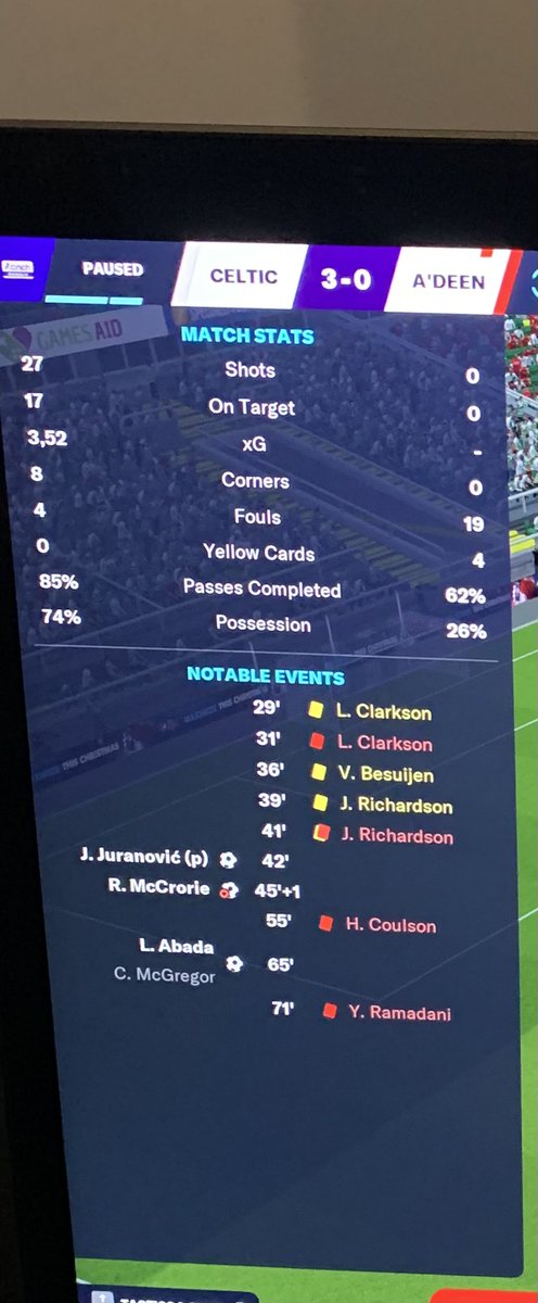 erikbrostrom2's tweet photo. @FMSweden Första matchen på FM23. Börjar starkt med  att ge bort straff, självmål och 4 röda kort efter 70 minuter borta mot Celtic. https://t.co/0XJ2RipvJX
