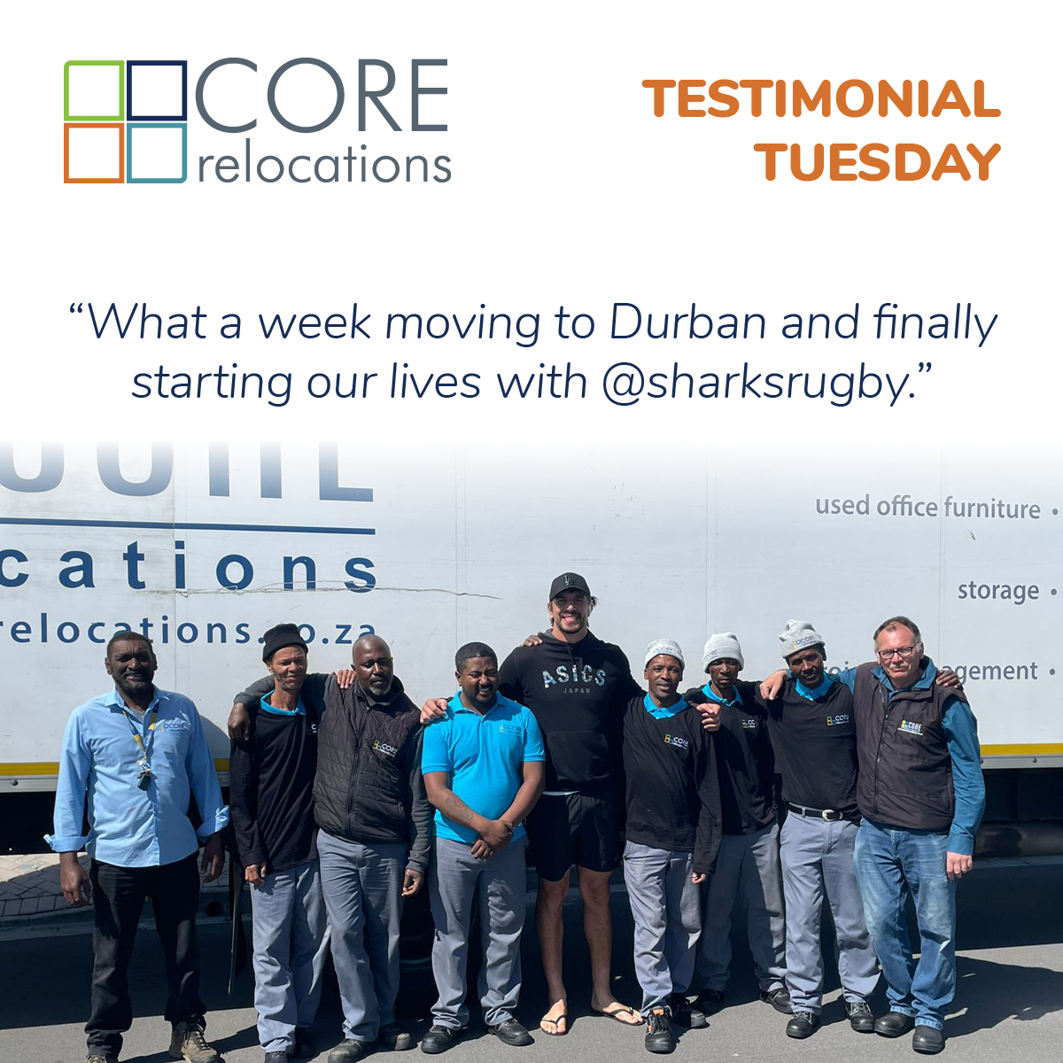 CoreRelocations's tweet photo. Thank you @EbanEtzebeth and Anlia for supporting us! We were proud to make your move from Cape town to Durban a hassle free, successful experience.    

#springboks #sharksrugby @ebenetzebeth4 @officialspringboks https://t.co/1yfkzlY98d