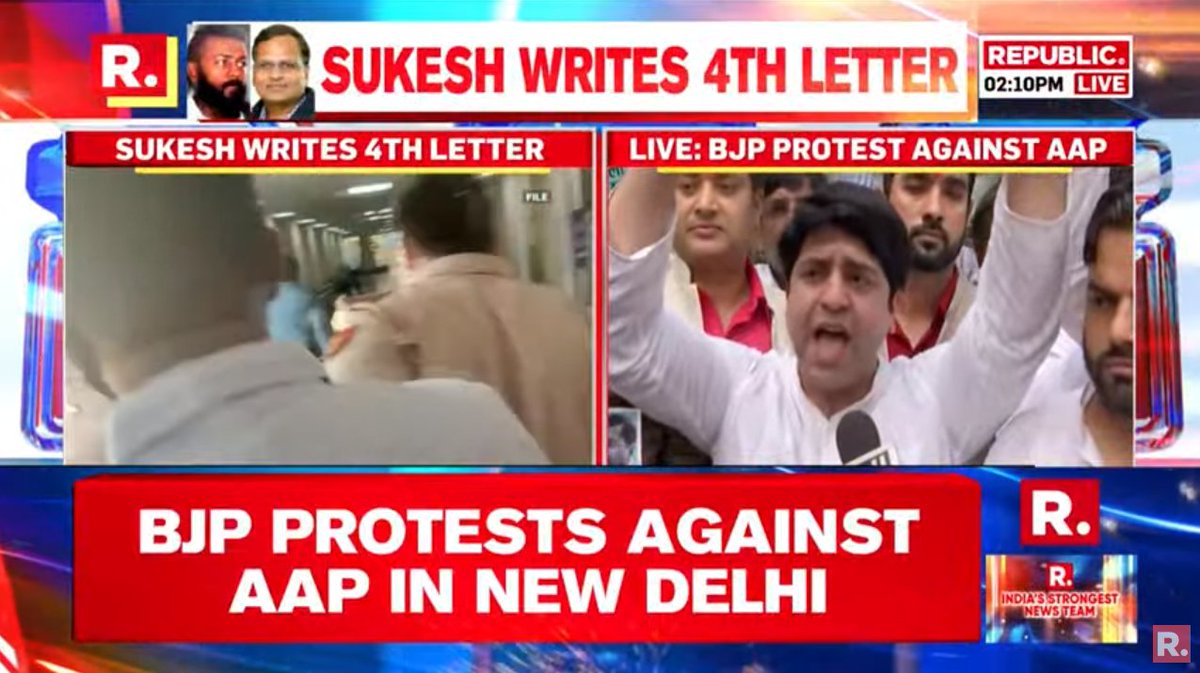 republic's tweet photo. #LIVE | BJP's @Shehzad_Ind speaks to Republic from amid the protest against Kejriwal govt over #Congate, #Liquorgate and other controversies embroiling AAP; Tune in here - https://t.co/GAtGCvLDbU https://t.co/AcNjL7fQzP