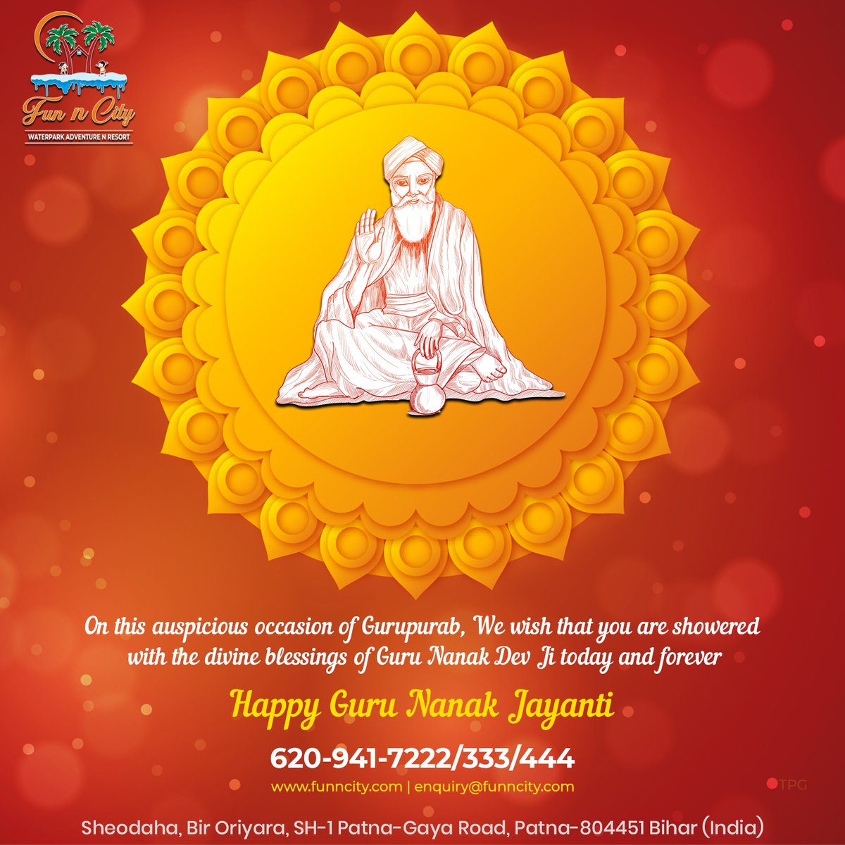FunnCityPatna's tweet photo. On this auspicious occasion of Gurupurab, We wish that you are showered with the divine blessings of Guru Nanak Dev Ji today and forever. Happy Guru Nanak Jayanti! 

For booking call us on: 6209417222
#HappyGuruNanakJayanti #happygurupurab #funncity #funncityresort #funncitypatna https://t.co/B9OywvzUNF