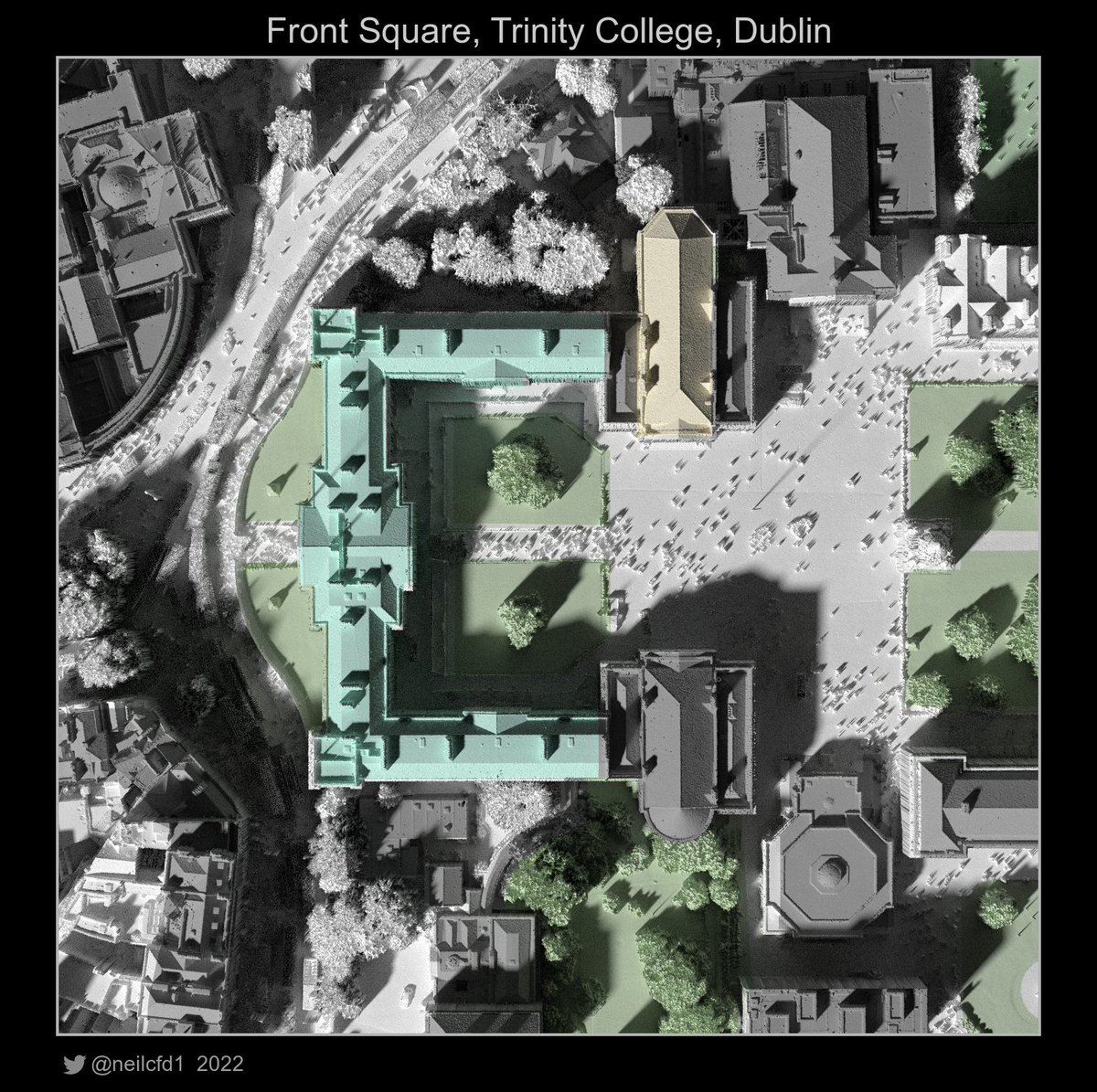 neilcfd1's tweet image. #30DayMapChallenge 8:OpenStreetMap

Front Square, Trinity College, Dublin, Ireland 

The most detailed LiDAR that I have found (up to 348 points/m^2, from @vsense_tcd), downsampled to 0.1m here. Overlays @openstreetmap @osm_ie, rendered in #rayshader #rstats #maps @tcddublin