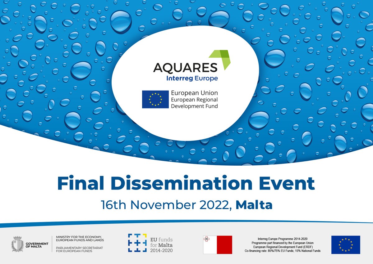 SAVE THE DATE! 
Project partner Energy &amp; Water Agency organizes Final dissemination event of the AQUARES project 💦.
The meeting will be held in Malta 🇲🇹 on 16th November 2022.