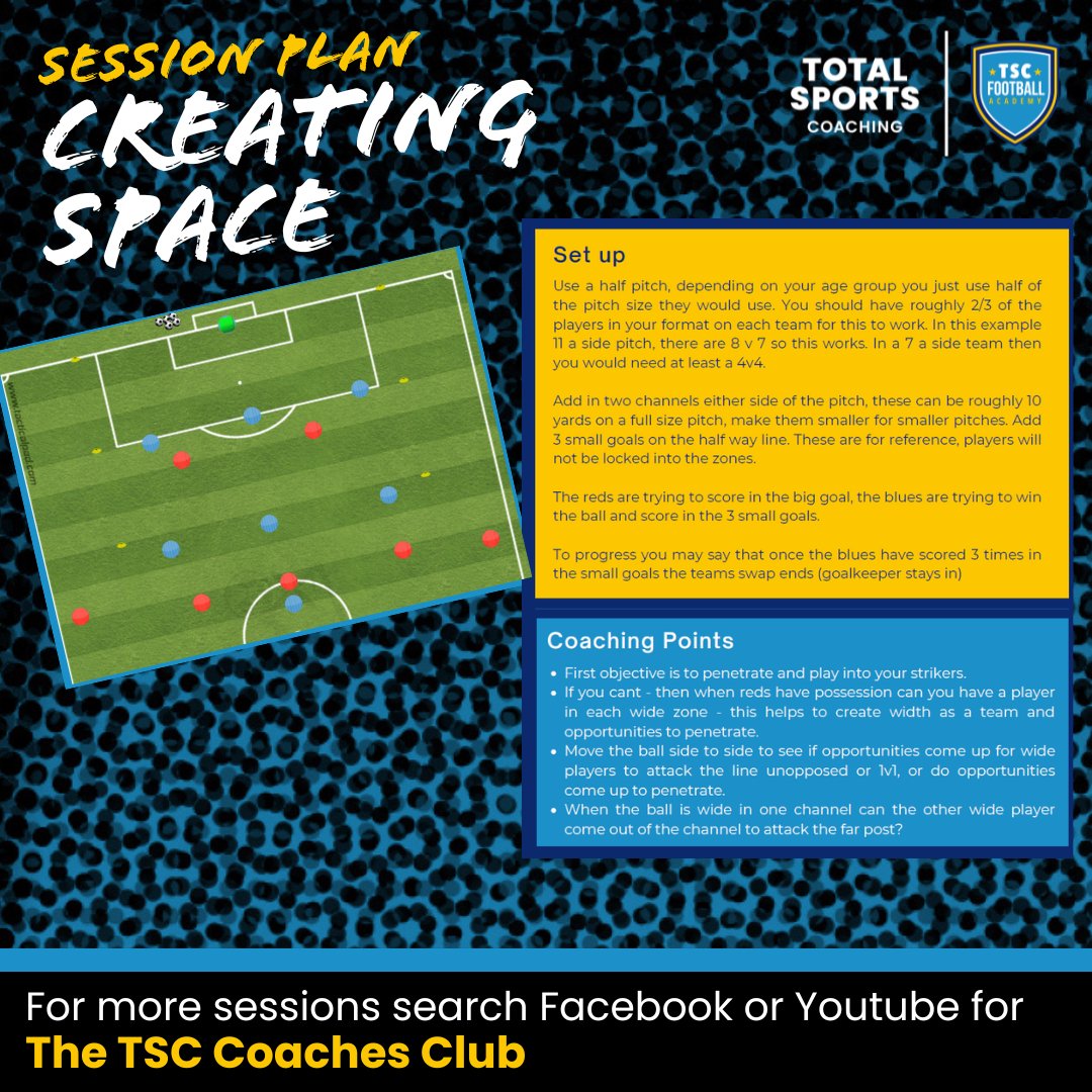SebTideyCoach's tweet image. Here is a session plan on creating space. If we cant play forward quickly due to the opposition being organised and compact, then if we create space by getting width as a team.

#footballcoaching #coachingsessions #grassrootsfootball #tsccoachesclub