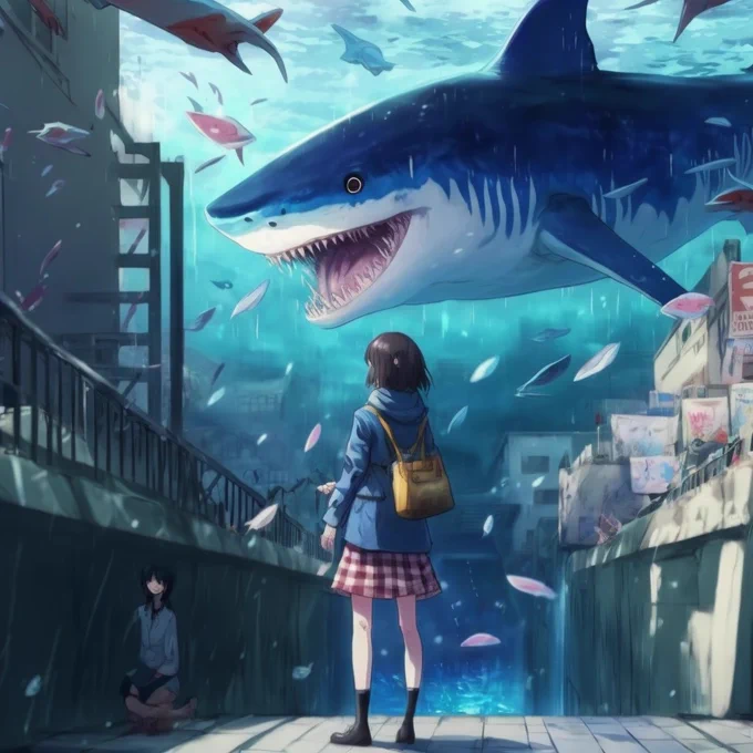 ・サメガール・サメボーイ・サメドロイド幼体・アニメーション映画のキービジュアルポスター風サメ。#midjourneyV4 #midjourney 