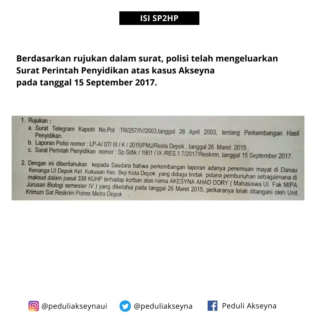 Surat Pemberitahuan Perkembangan Hasil Penyidikan (SP2HP) kasus Akseyna Ahad Dori. #Akseyna #UsutTuntasKasusAkseyna #UniversitasIndonesia