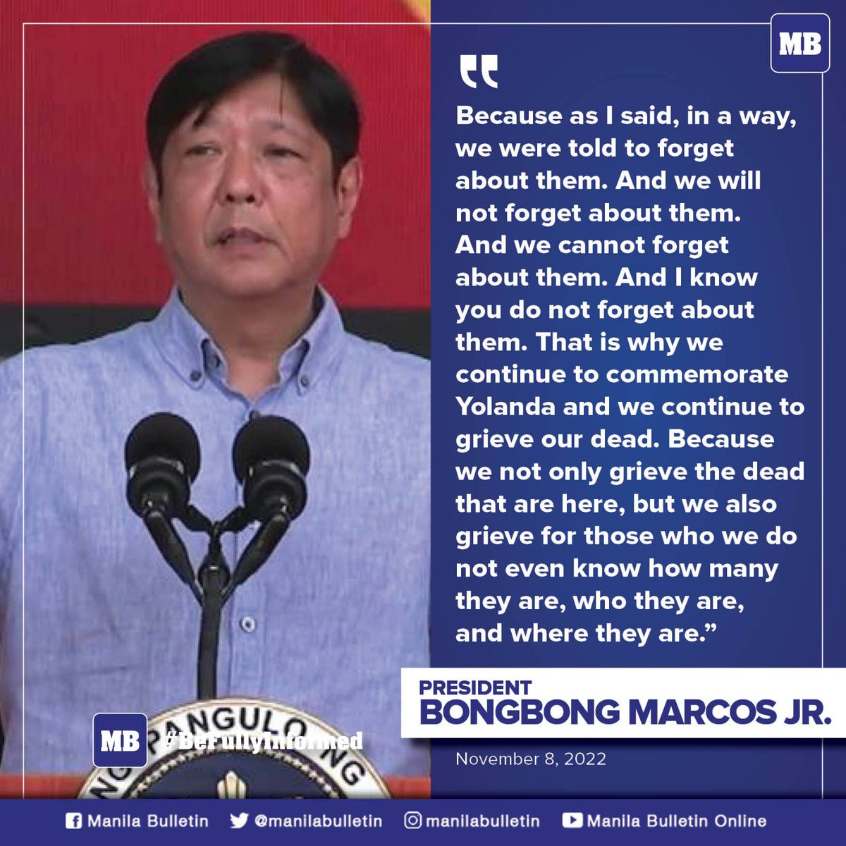 President Ferdinand “Bongbong” Marcos Jr. wants the Philippines to continue commemorating the deadly typhoon Yolanda years after it hit the country to keep the memory of those who perished.

READ: mb.com.ph/2022/11/08/mar…