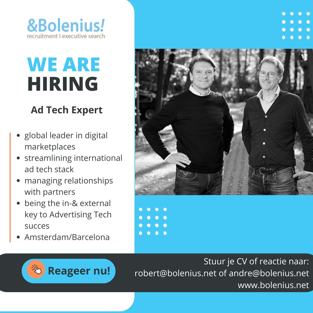 robertbolenius's tweet photo. For a global leader in digital marketplaces we are looking for an Ad Tech Expert (Amsterdam/Barcelona), who can organize and deliver cutting edge technology to create highly scalable, customizable &amp; secure products &amp; components.  https://t.co/xKYiSZkQFl https://t.co/1U70zoMP1e