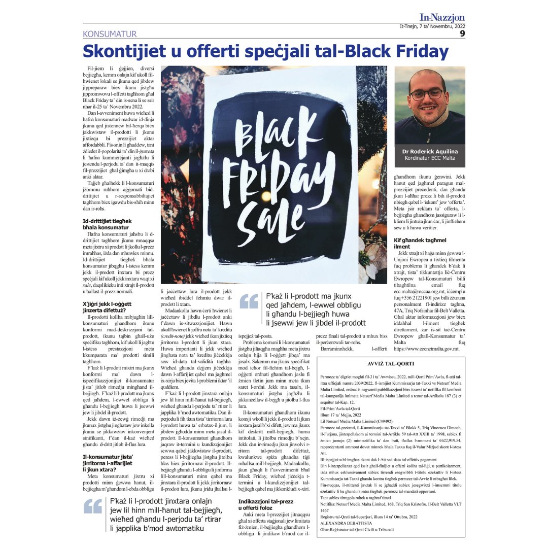 ECC_malta's tweet photo. 👍#ConsumerInformation – Be informed on your consumer rights this #BlackFriday!!
Read more here https://t.co/sJGJJJnhDn https://t.co/HKyKTMWVeE