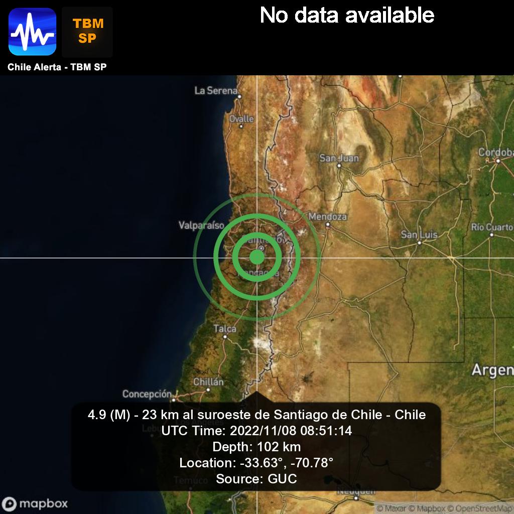 New #Earthquake. 🌎
4.9 (M) - 23 km al suroeste de Santiago de Chile - Chile.
2022/11/08 08:51:14 UTC.
App: goo.gl/XWHGvS
#Chile #Chile #earthquake #sismo #temblor #terremoto