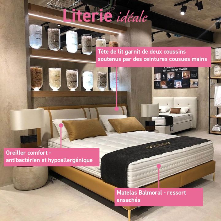 Découvrez cet ensemble sommier matelas et tête de lit chez colunex !
Son matelas Balmoral épouse la forme du corps, offrant un support robuste mais confortable.
Complété, par les oreillers confort, totalement lavable, inodore, antibactérien et hypoallergénique. 
Enfin la tête de