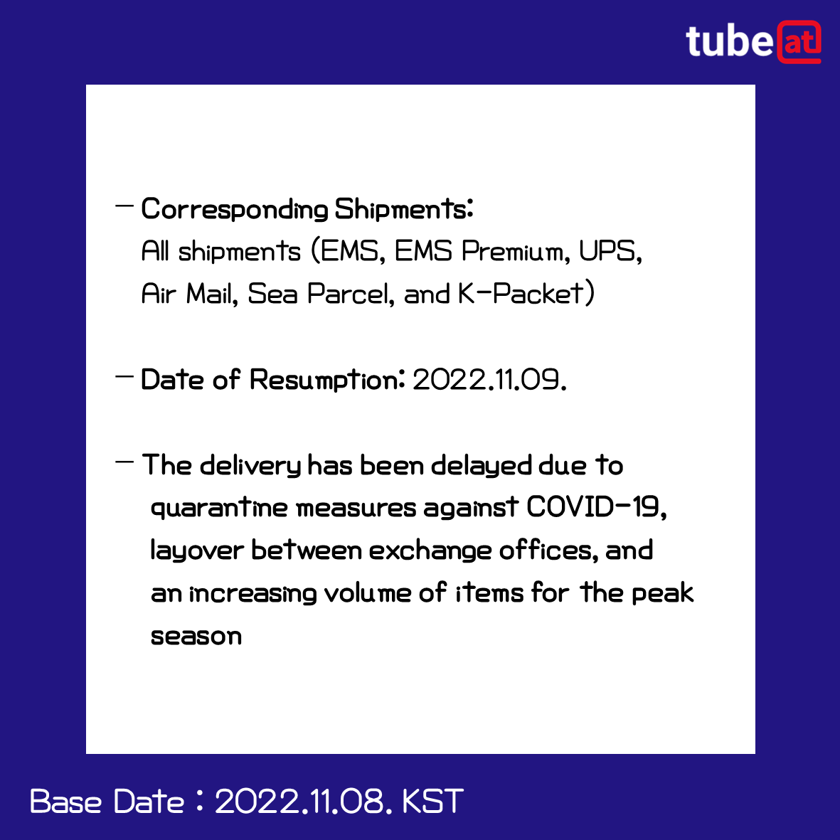 tubeat_official's tweet photo. 👉 Go to Tubeat (https://t.co/Mxwv6reqwf)👈

Resumption for all shipments heading to China

#koreapost #ems #emspremium #ups #airmail #seaparcel #kpacket #shipment #shipments #delivery #resume #resumption
#koreawarehouse #kpopgoods #koreamerchandise #koreago
#intube #tubeat https://t.co/ROlHFn5NIA