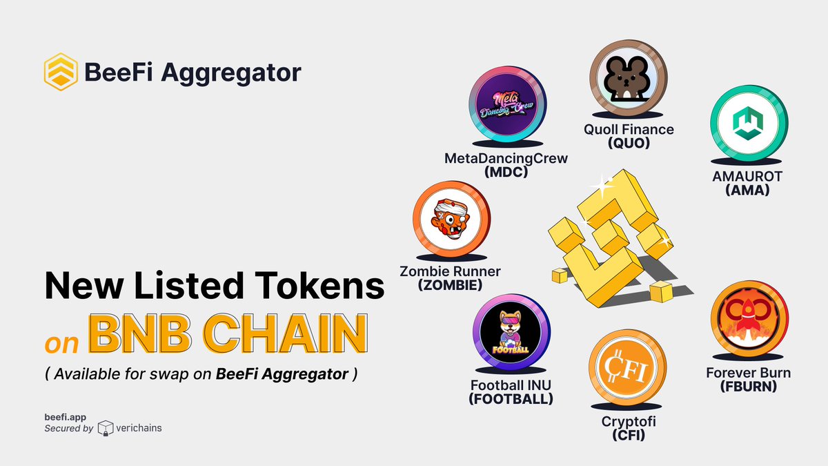 🎯New tokens listed on #BNB  chain 

<a href="/QuollFinance/">Quoll Finance</a> 
@MetaDancingCrew 
<a href="/ZombierunnerBSC/">Zombie Runner</a> 
<a href="/FOOTBALLinuBSC/">Football INU l METAVERSE&NFT</a> 
<a href="/Cryptofi_Info/">CryptoFi Official</a>
<a href="/ForeverBurn_BSC/">foreverburn_BSC</a>
<a href="/MW_MetaUtopia/">MyWorld Metaverse</a>

All of them NOW are available for swap on beefi.app with 0% platform fee!!! 🐝

#BNB  #DEX #DeFi