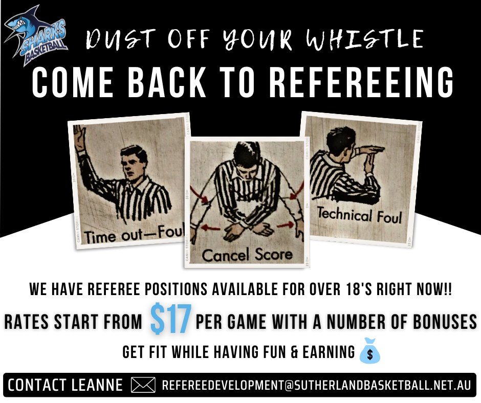 REFEREES NEEDED | LOCAL COMPETITION

Rates start at $17 per game for our over 18 refs. Why not get back to the game you love, get fit &amp; have fun, while earning a few dollars

#sharksonthree #refsrock