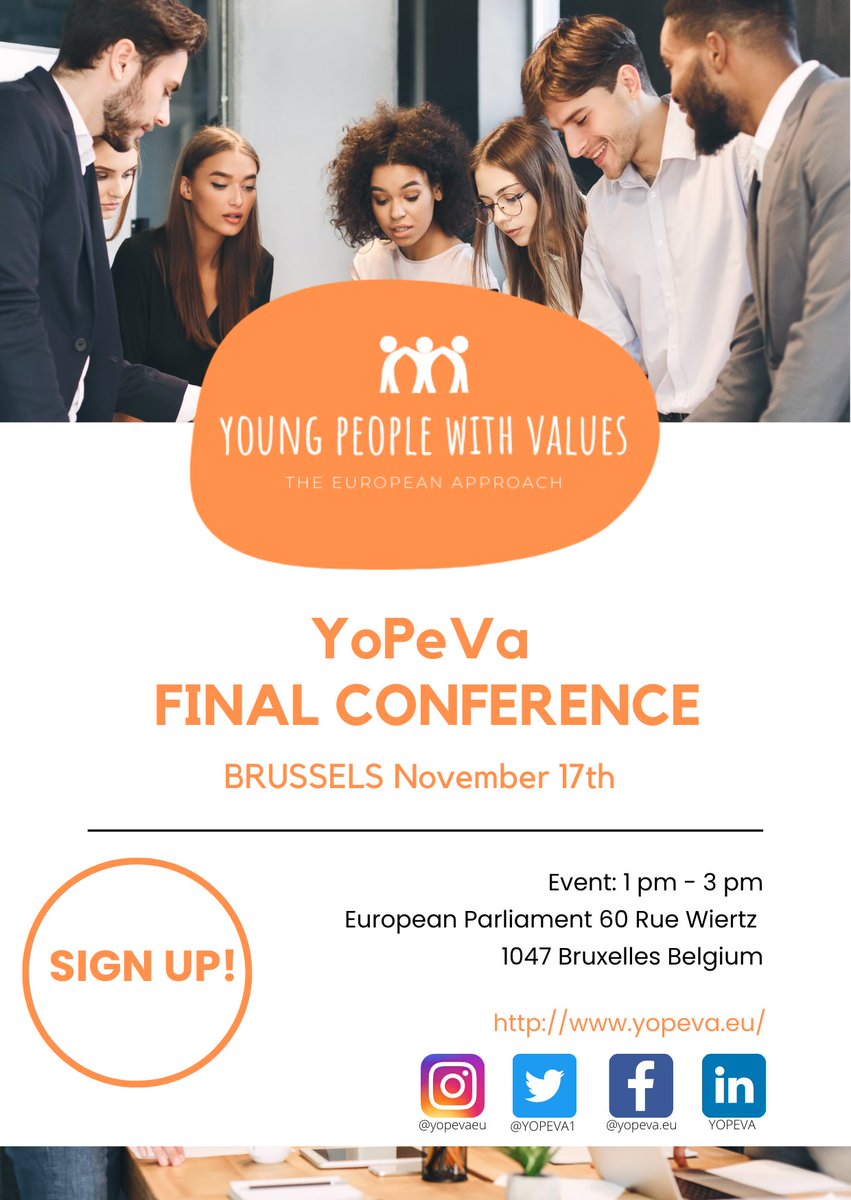 YOPEVA1's tweet photo. YoPeVa's latest conference will take place in Brussels at the European Parliament on Nov. 17. 
Curious how we have already helped more than 50,000 young people at risk of exclusion through work/learn programs? 
Then sign up by Nov. 17 at n.dejager@bdfriesland.nl! https://t.co/dz6CcyC1yZ