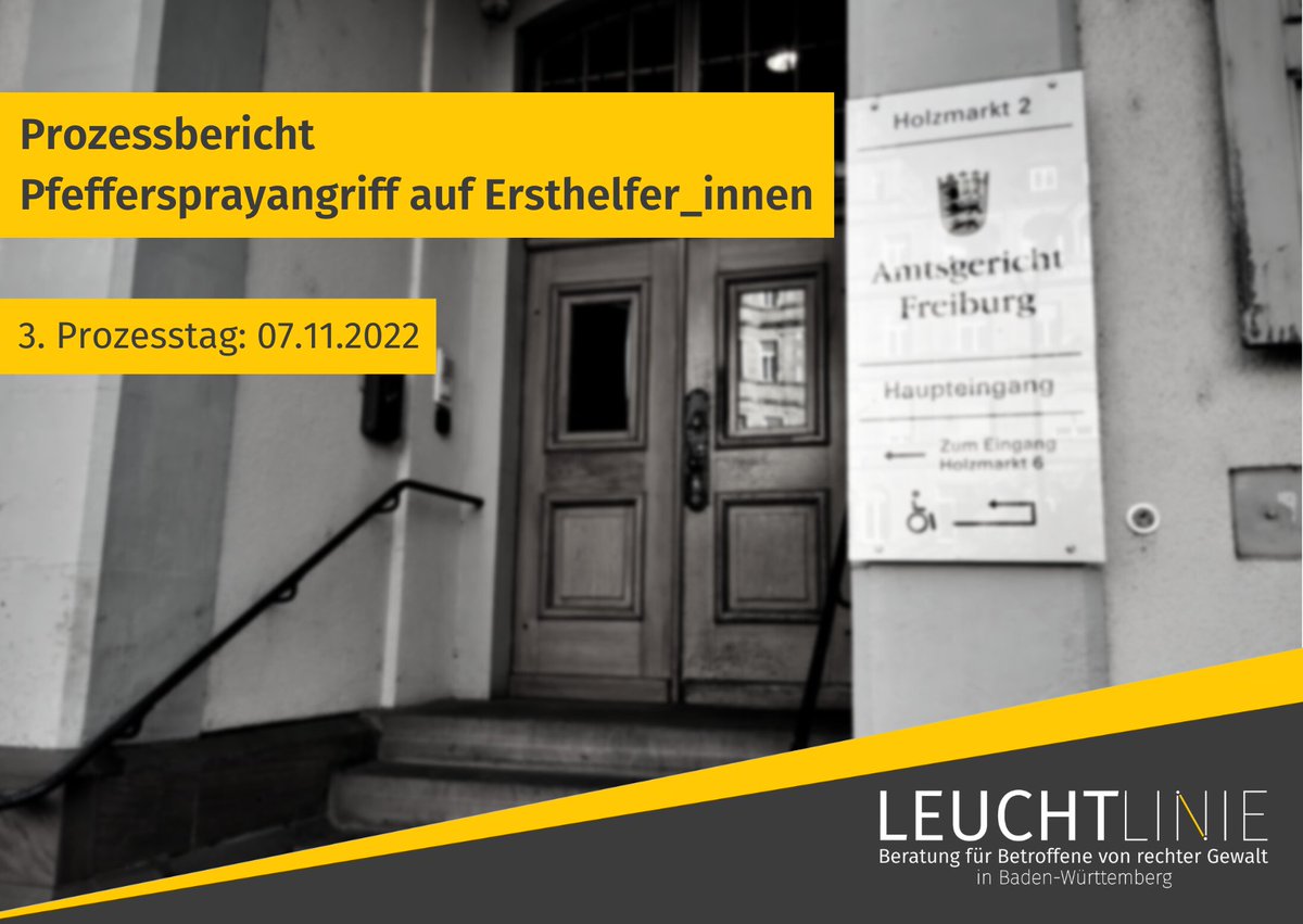 "Mit der Verzögerungstaktik wird unser Leid in die Länge gezogen"

Auch der 3. Verhandlungstag wegen des Pfeffersprayangriffs am 12.6.21 in #Freiburg bleibt ohne Urteil. Grund war ein Antrag der Verteidigung. Damit kommt es ein weiteres Mal zur Verzögerung des Prozesses. 🧵

1/10
