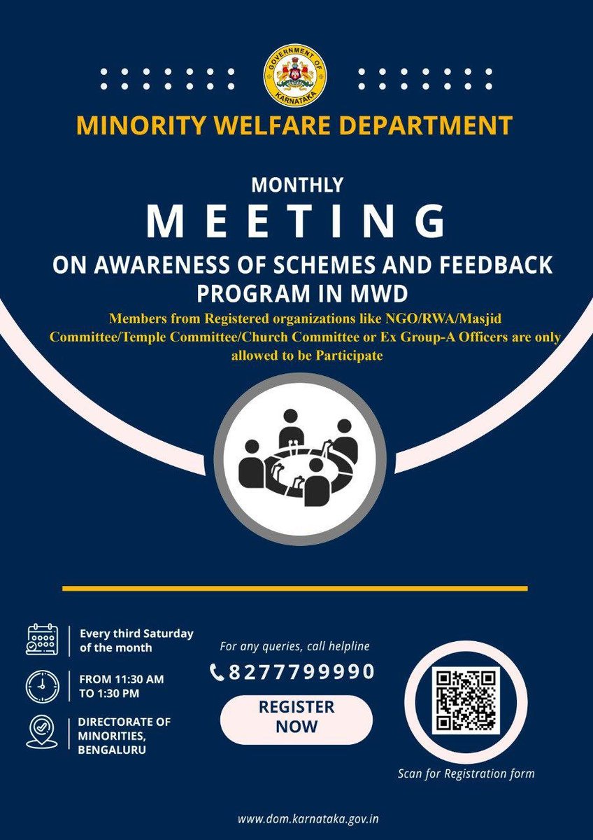 DOMGOK's tweet photo. Minority Welfare Department is conducting a Monthly Feedback Meeting on 3rd Saturday of every month. This month's meeting will be held on 19/11/2022.
For Registration:
https://t.co/730jIqIGNo

Note: Please check your eligibility before registering.
@Captain_Mani72 #KarnatakaMWD https://t.co/3Wl4KVReAX