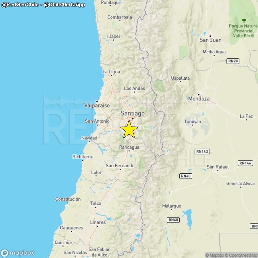 RedGeoChile's tweet photo. REVISADO ⚠️ | Sismo de magnitud 5.3 (Mw) ocurrió a las 05:51:16 horas de hoy, 08/11/2022, a 27 km al suroeste de Santiago y a una profundidad de 79 kilómetros (Fuente: #CSN).

¿Percibiste el sismo? ¡Repórtalo aquí!: https://t.co/MMfbdtX2AZ. https://t.co/yPI2EeQthf