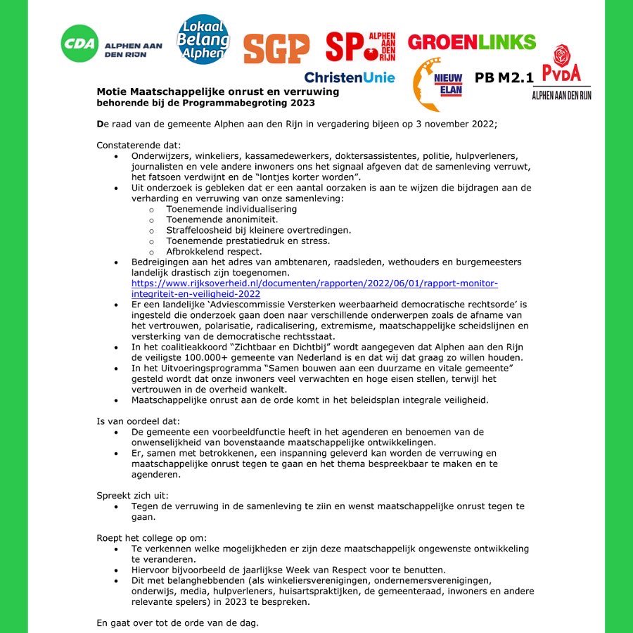 Van 7 tot en met 13 november is het de #WeekvanRespect. Het is belangrijk om na denken over hoe we de ongewenste maatschappelijke ontwikkeling van verruwing in de samenleving kunnen veranderen. Deze jaarlijkse week is daar (ook) een goed moment voor. 
#samenlevenissamendoen