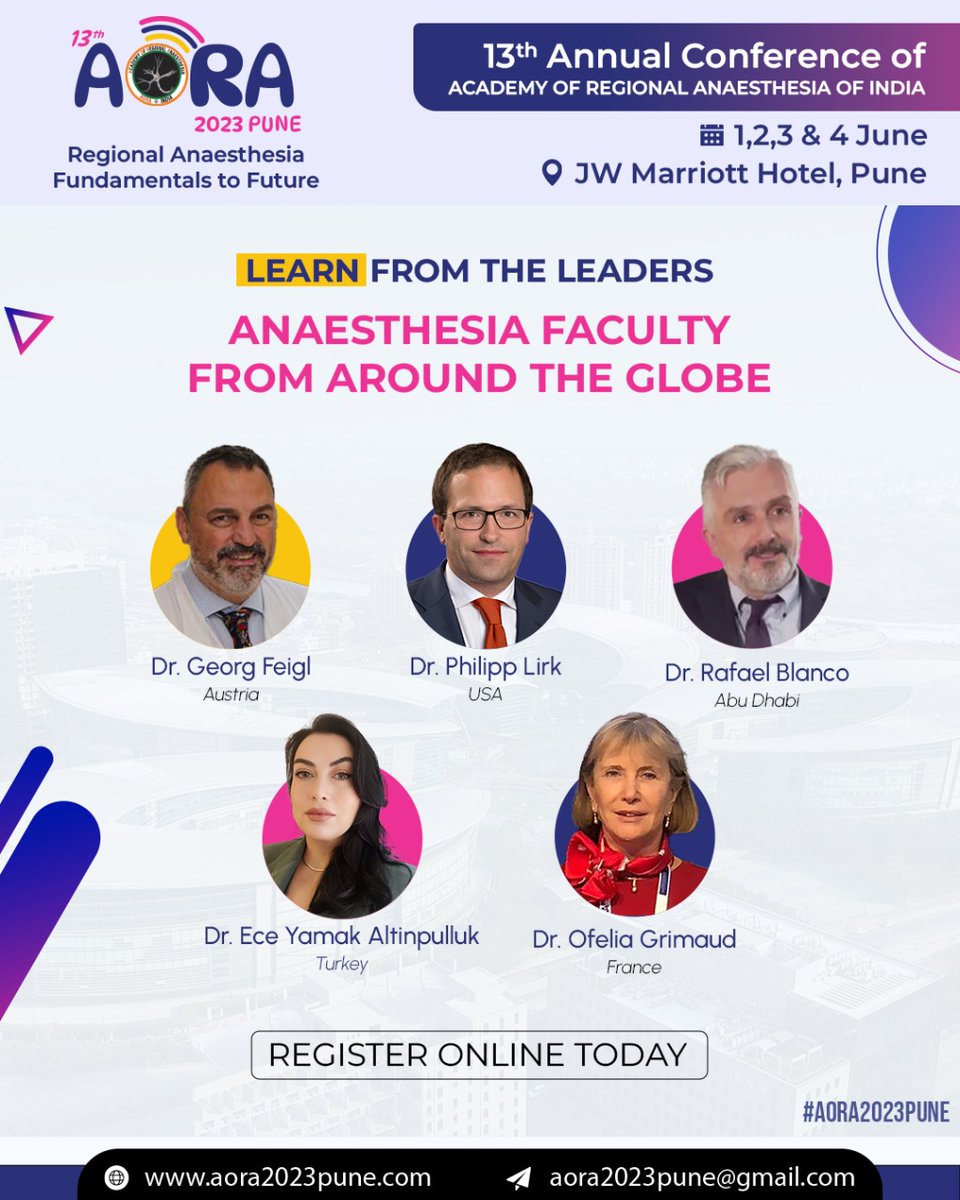 We have a galaxy of speakers from India and abroad in #AORA23 

Pleased to announce that these #RA leaders have confirmed...

Block your dates. 

@ESRA_trainees @ESRA_Society @ASRA_Society @CAS_RegAnes @AFSRA10 @RegionalAnaesUK @ASA_Australia @NarouzeMD @EMARIANOMD @Ropivacaine